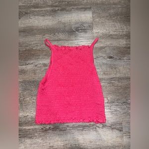Gaze Hot Pink Halter Spagetti Crop Top Ruffle Rib